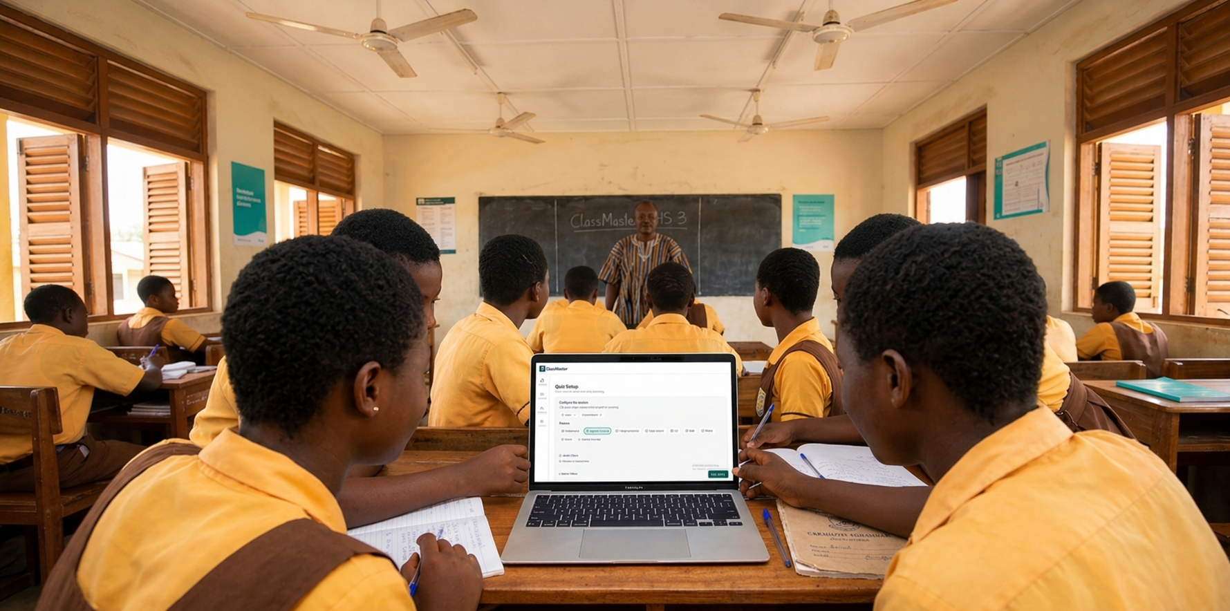 Ghanaian students focused on their studies in a bright classroom