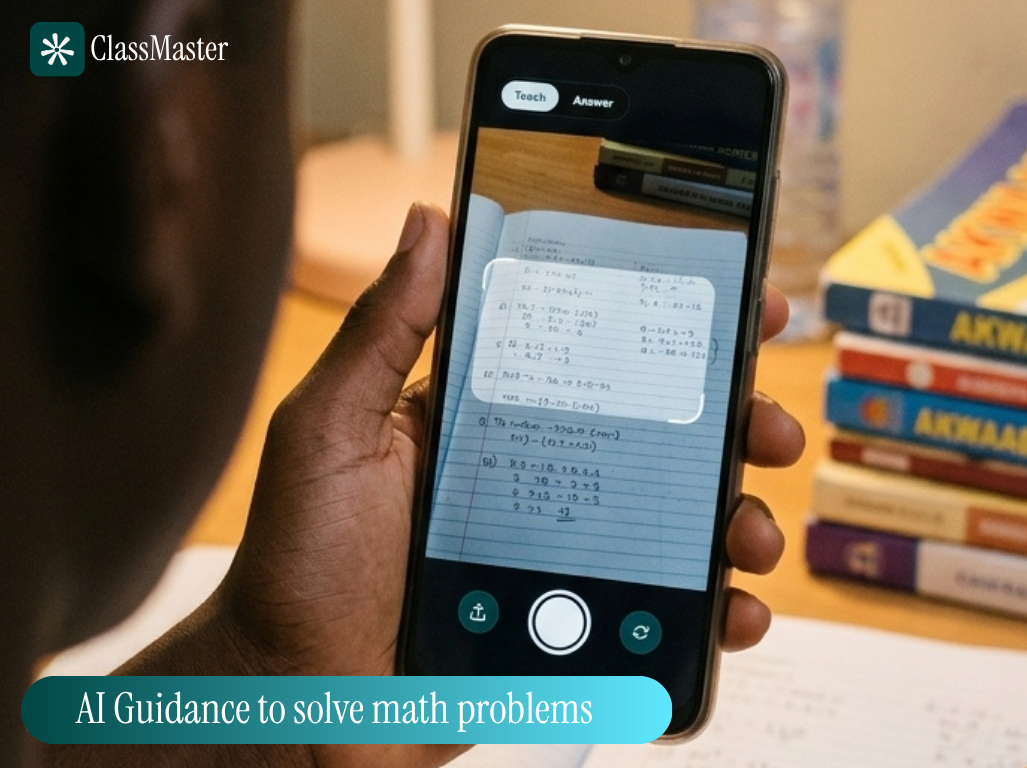 Snap-to-Solve screenshot: a photographed question with the AI's step-by-step Teach Mode walkthrough